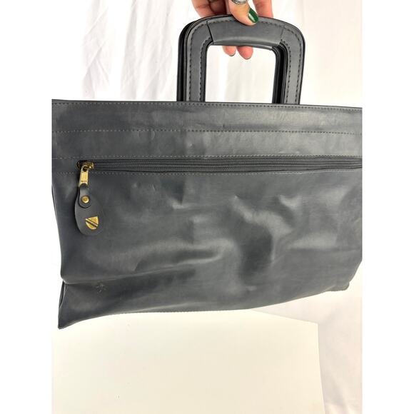 Vintage 90s Minimalist Gray-Blue Leather Structured Tote Work Bag YKK Zip - Picture 3 of 16